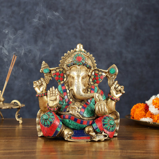 Brass Lord Ganesha Idol 9" meenakari - Budhshiv.com