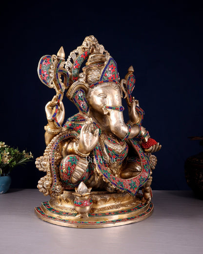 Brass Lord Ganesha Idol with Floral Stonework 19.5" - Budhshiv.com