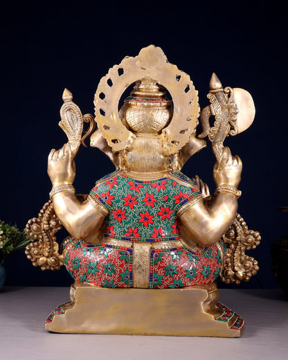 Brass Lord Ganesha Idol with Floral Stonework 19.5" - Budhshiv.com
