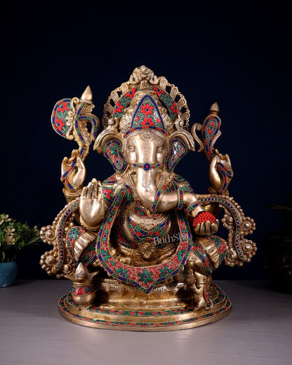 Brass Lord Ganesha Idol with Floral Stonework 19.5" - Budhshiv.com