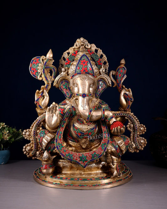 Brass Lord Ganesha Idol with Floral Stonework 19.5" - Budhshiv.com