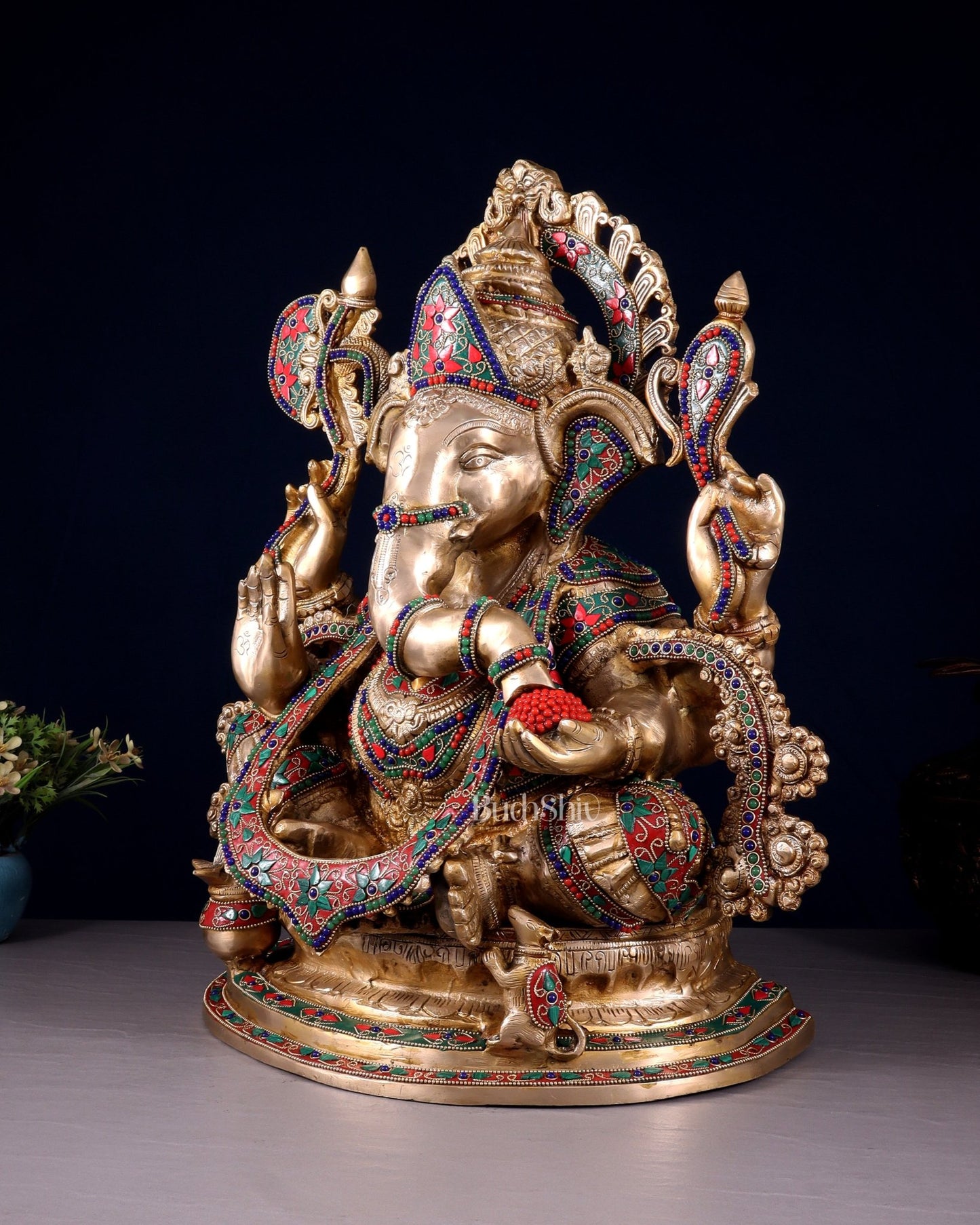 Brass Lord Ganesha Idol with Floral Stonework 19.5" - Budhshiv.com