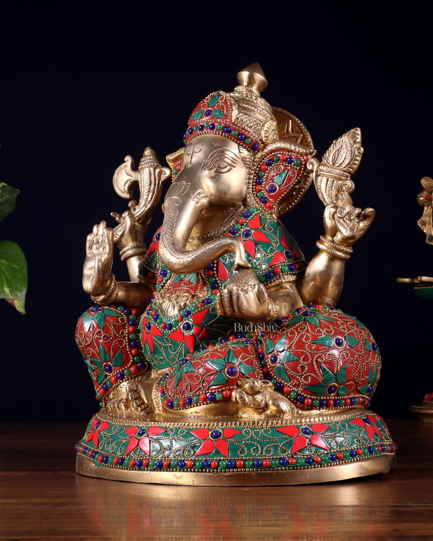 Brass Lord Ganesha Idol with Floral Stonework | Unique Handcrafted Design 9.5" - Budhshiv.com