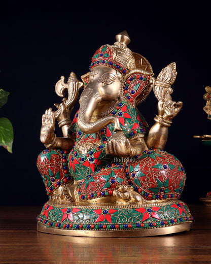 Brass Lord Ganesha Idol with Floral Stonework | Unique Handcrafted Design 9.5" - Budhshiv.com
