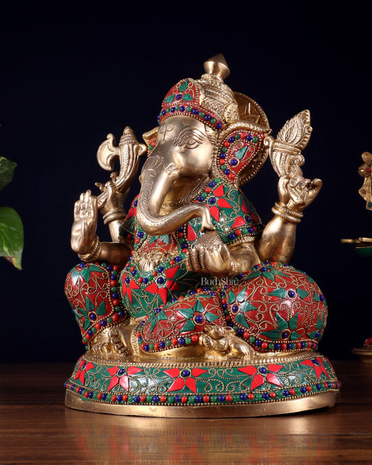 Brass Lord Ganesha Idol with Floral Stonework | Unique Handcrafted Design 9.5" - Budhshiv.com