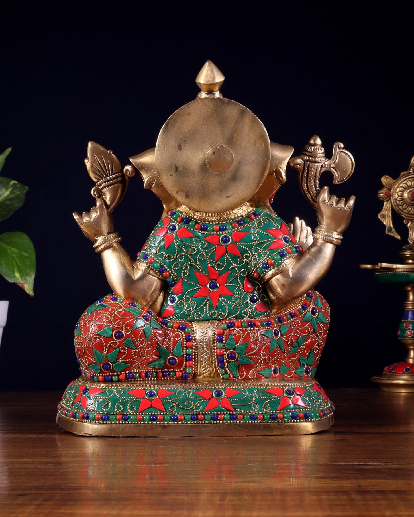 Brass Lord Ganesha Idol with Floral Stonework | Unique Handcrafted Design 9.5" - Budhshiv.com
