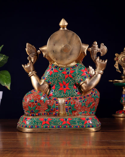 Brass Lord Ganesha Idol with Floral Stonework | Unique Handcrafted Design 9.5" - Budhshiv.com