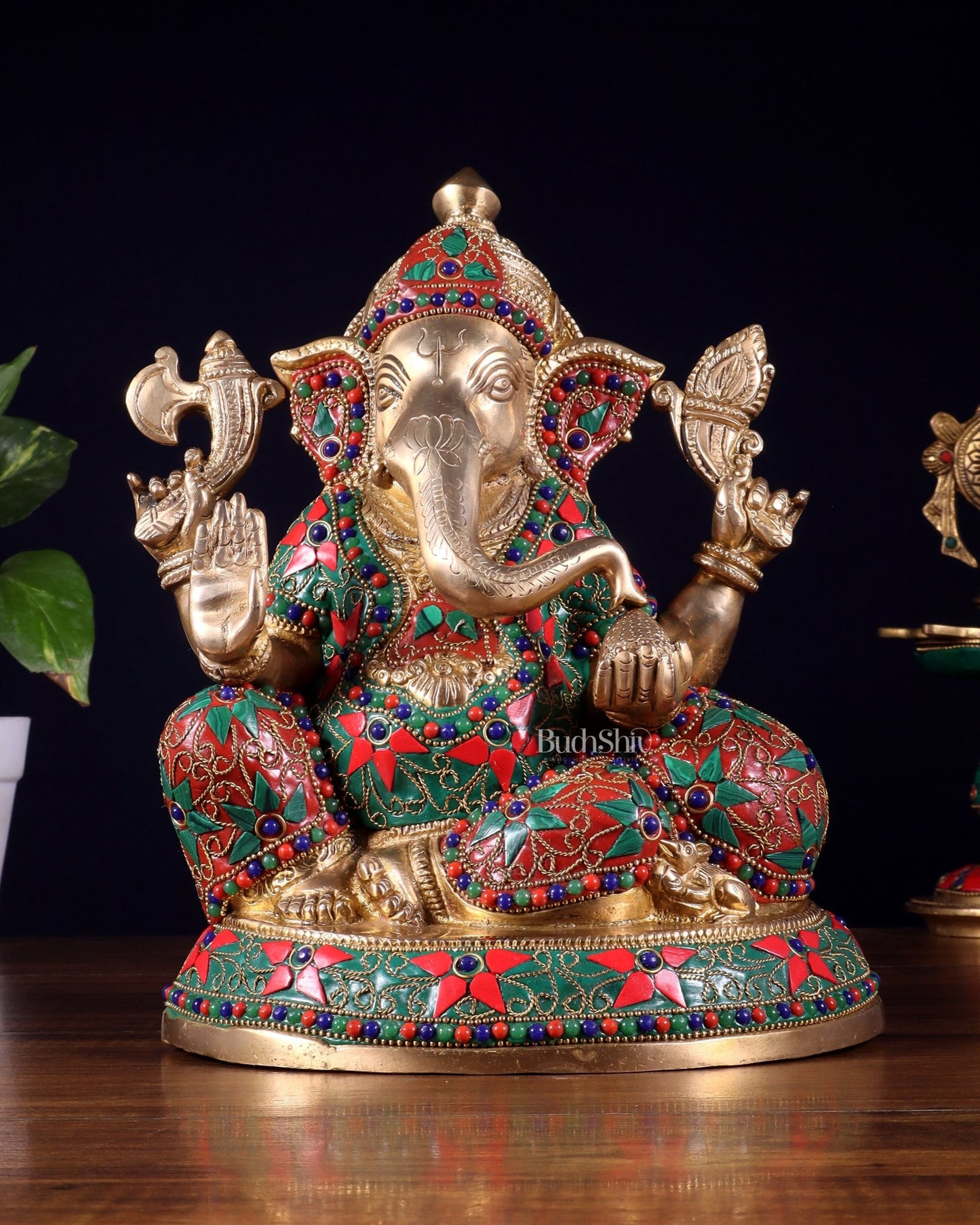 Brass Lord Ganesha Idol with Floral Stonework | Unique Handcrafted Design 9.5" - Budhshiv.com