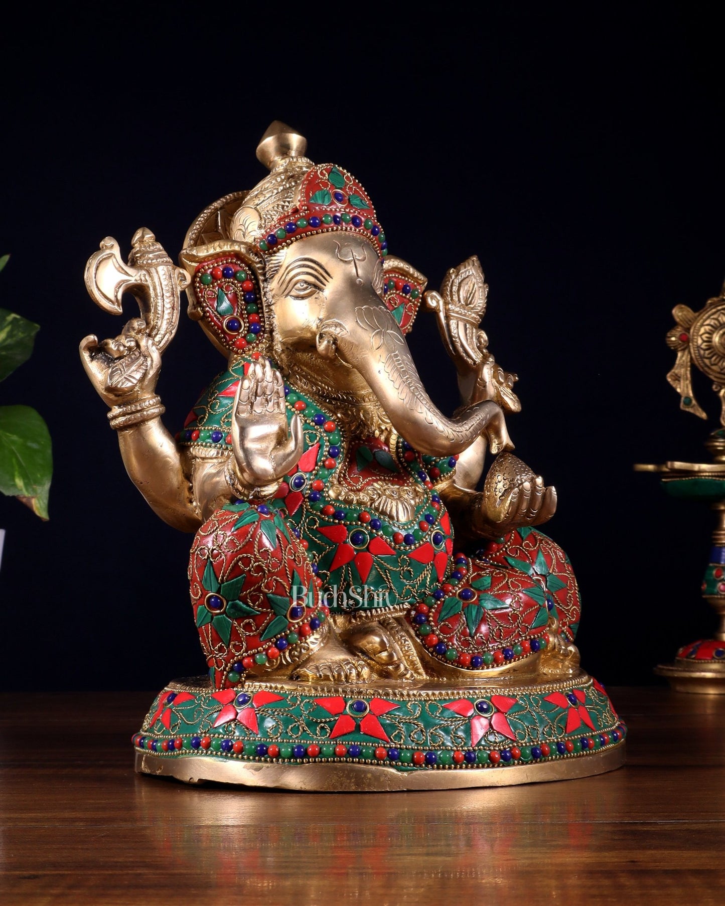 Brass Lord Ganesha Idol with Floral Stonework | Unique Handcrafted Design 9.5" - Budhshiv.com