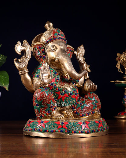 Brass Lord Ganesha Idol with Floral Stonework | Unique Handcrafted Design 9.5" - Budhshiv.com