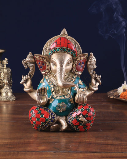 Brass lord Ganesha Idol with Sharp Features - 8 Inch with stonework - Budhshiv.com