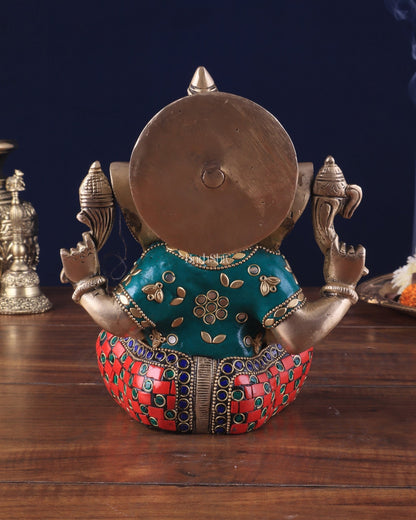 Brass lord Ganesha Idol with Sharp Features - 8 Inch with stonework - Budhshiv.com