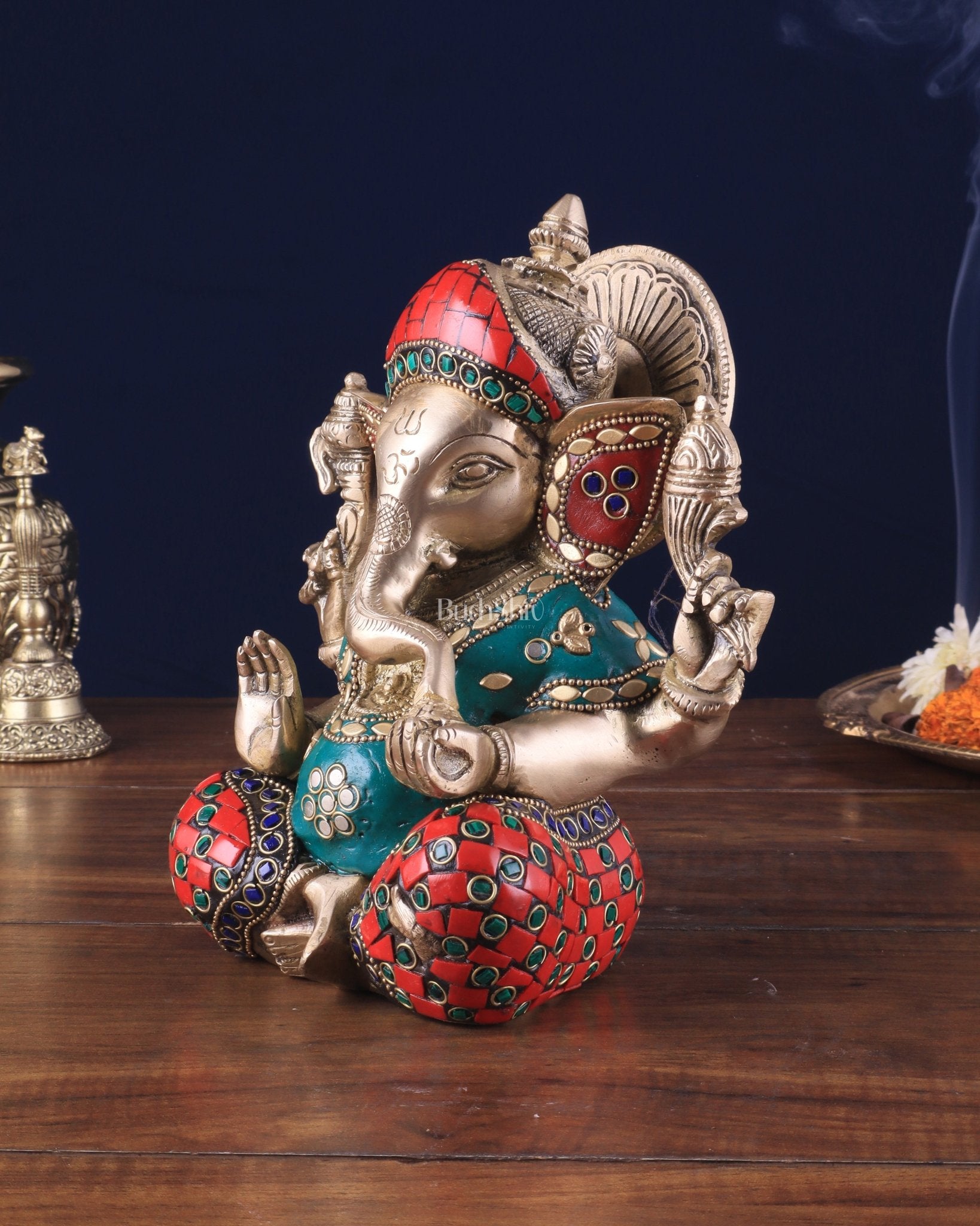 Brass lord Ganesha Idol with Sharp Features - 8 Inch with stonework - Budhshiv.com