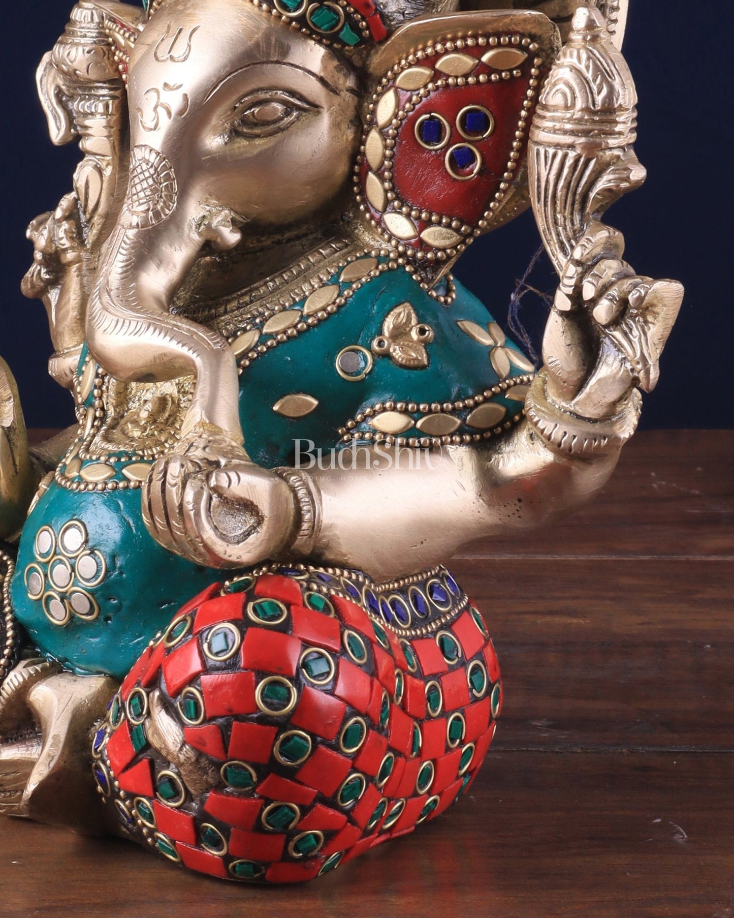 Brass lord Ganesha Idol with Sharp Features - 8 Inch with stonework - Budhshiv.com