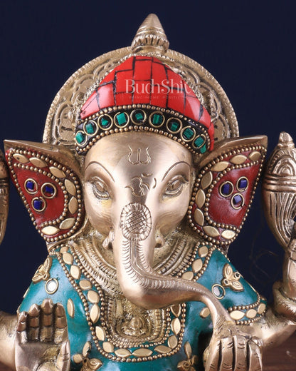 Brass lord Ganesha Idol with Sharp Features - 8 Inch with stonework - Budhshiv.com