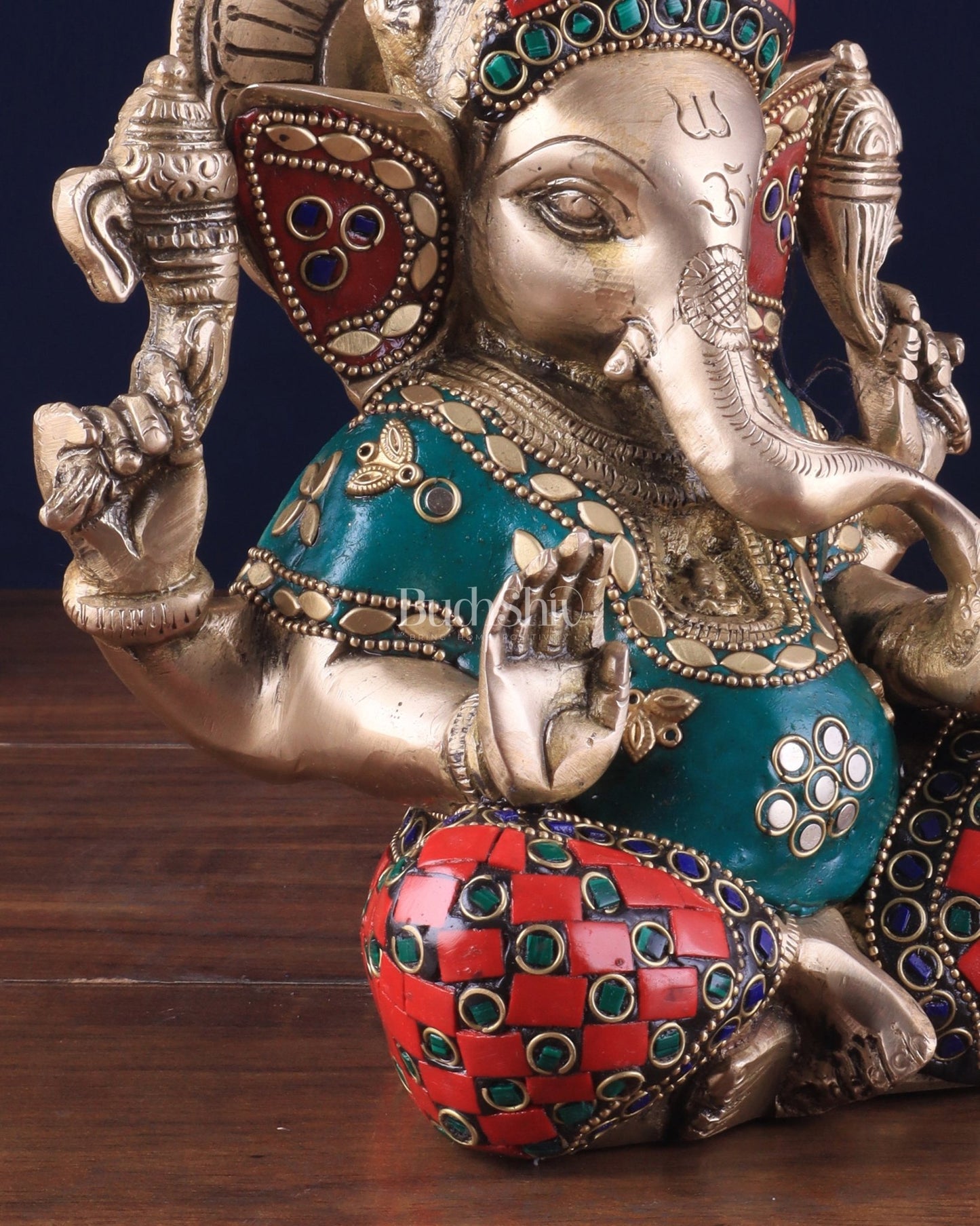 Brass lord Ganesha Idol with Sharp Features - 8 Inch with stonework - Budhshiv.com