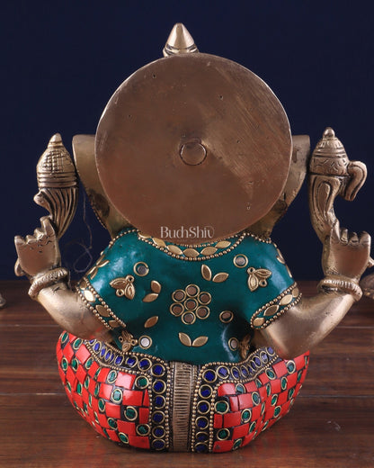 Brass lord Ganesha Idol with Sharp Features - 8 Inch with stonework - Budhshiv.com