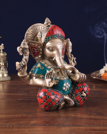 Brass lord Ganesha Idol with Sharp Features - 8 Inch with stonework - Budhshiv.com