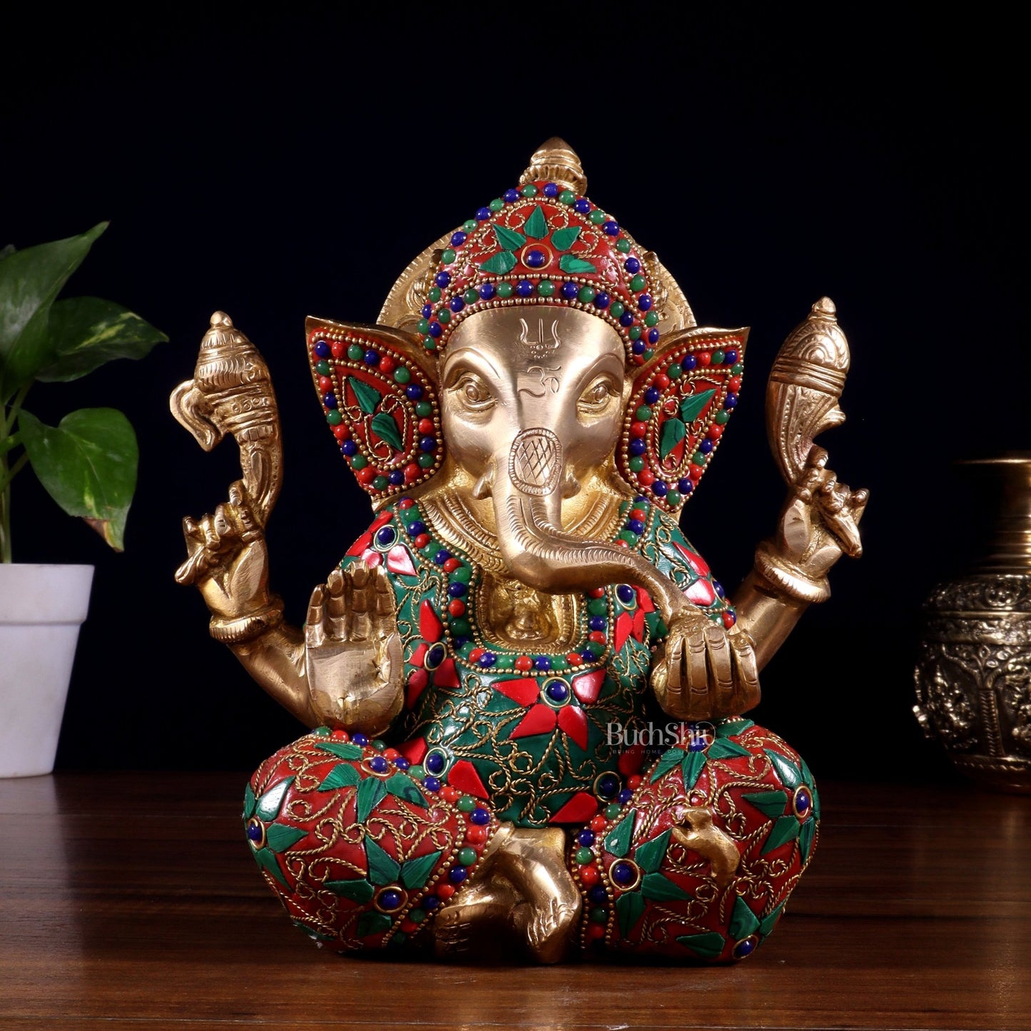 Brass lord Ganesha Idol with Sharp Features - 8 Inch - Budhshiv.com