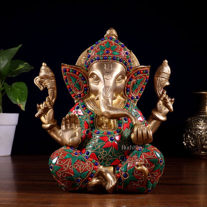 Brass lord Ganesha Idol with Sharp Features - 8 Inch - Budhshiv.com