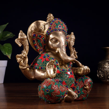 Brass lord Ganesha Idol with Sharp Features - 8 Inch - Budhshiv.com
