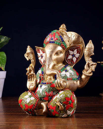 Brass lord Ganesha Idol with Sharp Features - 8 Inch - Budhshiv.com