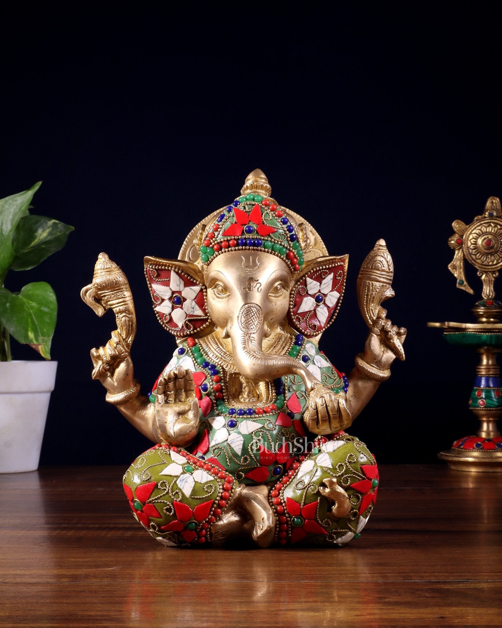 Brass lord Ganesha Idol with Sharp Features - 8 Inch - Budhshiv.com