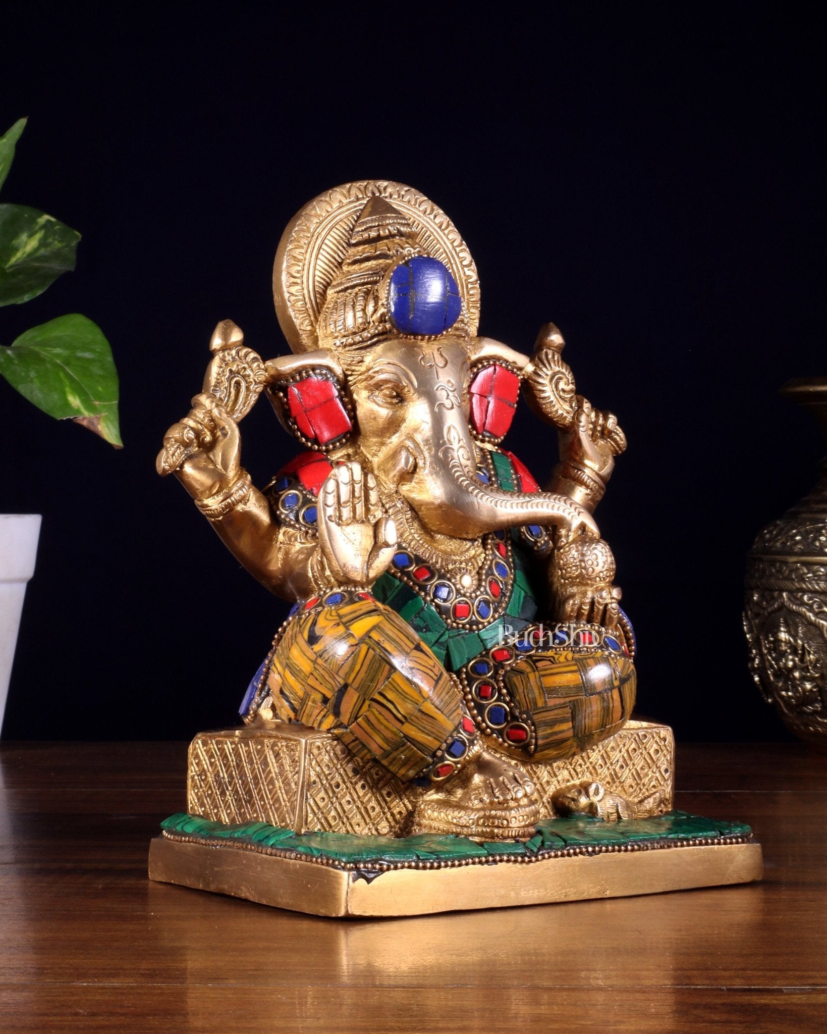 Brass Lord Ganesha Idol with Stonework | Height 7.5 inch - Budhshiv.com