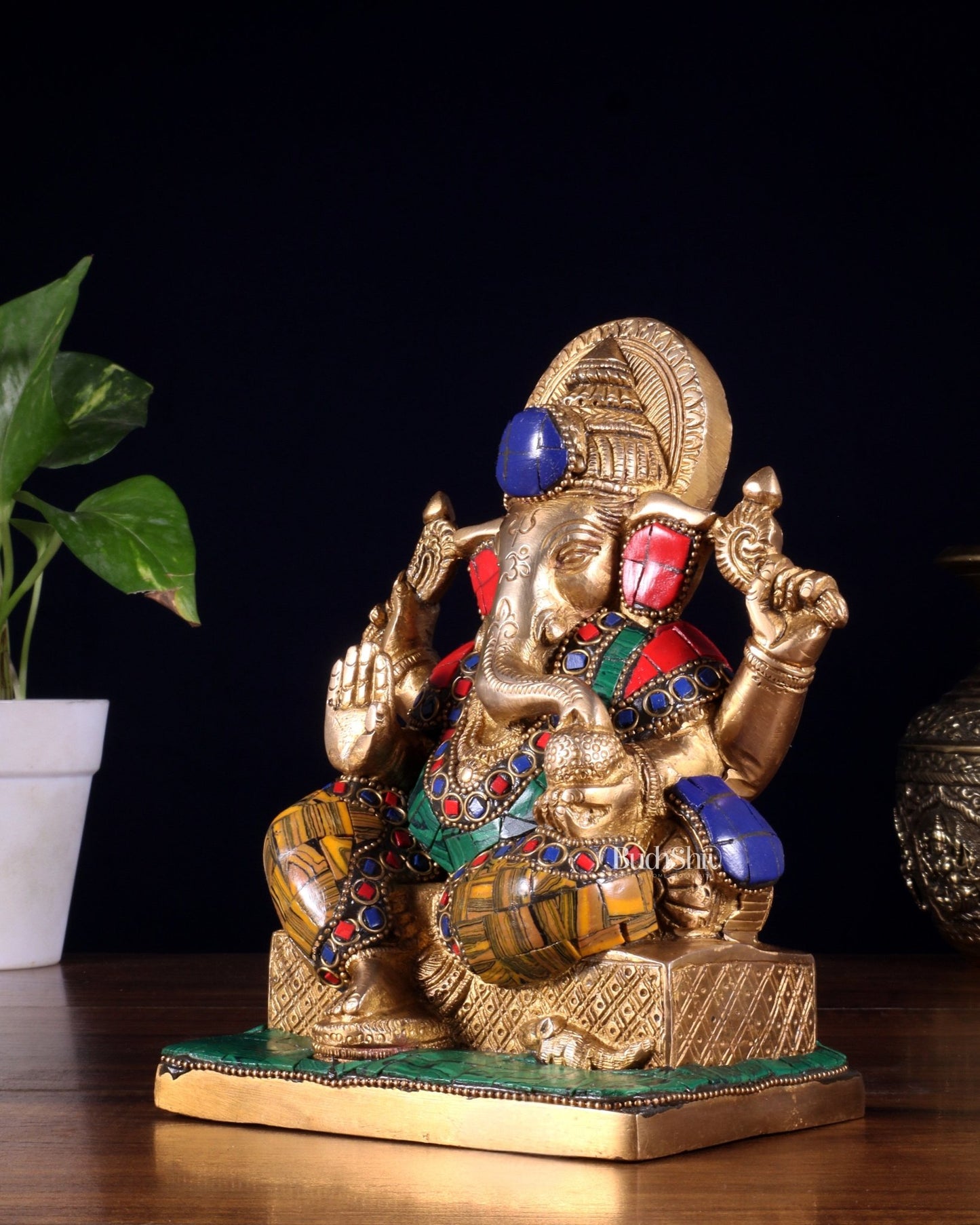 Brass Lord Ganesha Idol with Stonework | Height 7.5 inch - Budhshiv.com