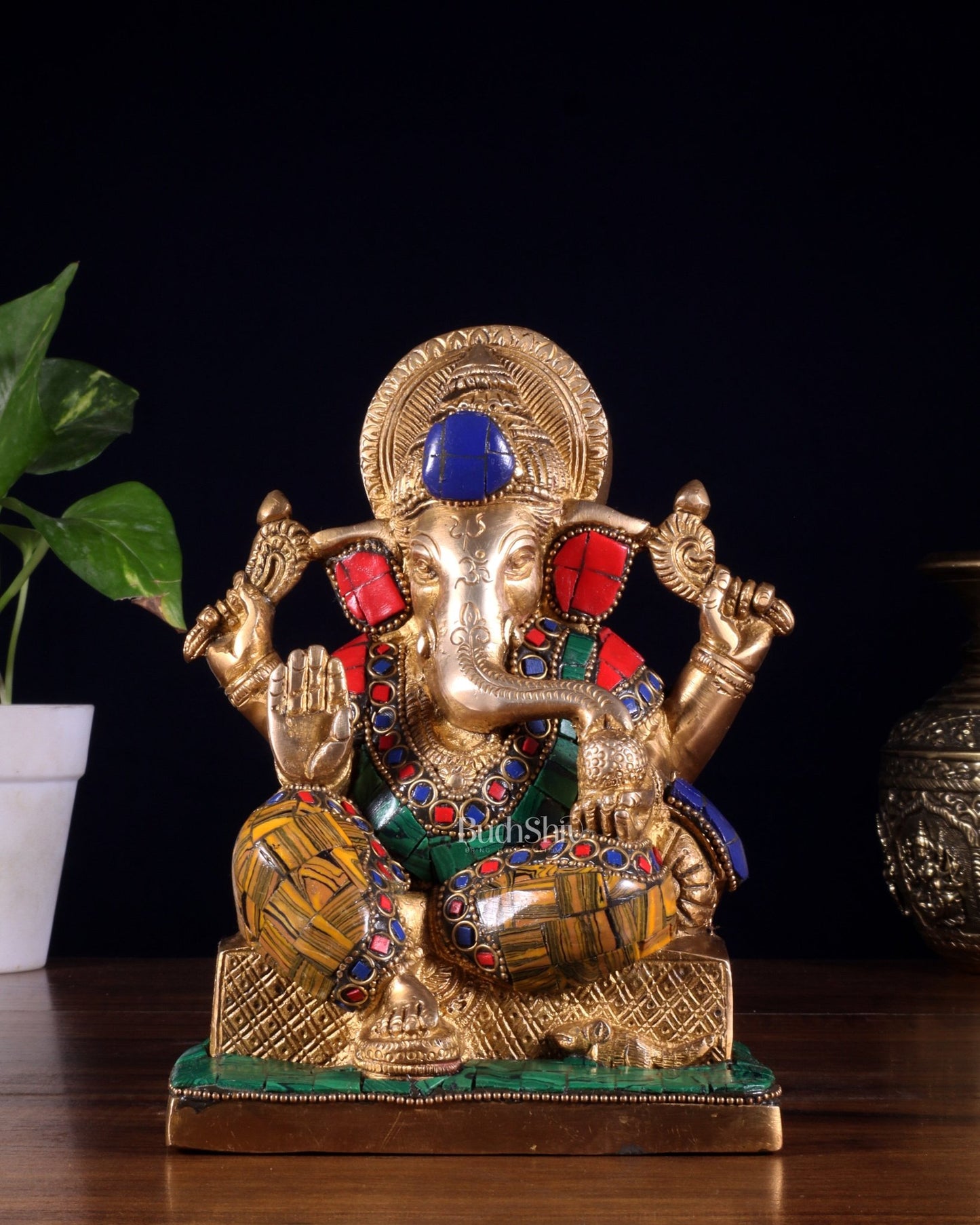 Brass Lord Ganesha Idol with Stonework | Height 7.5 inch - Budhshiv.com