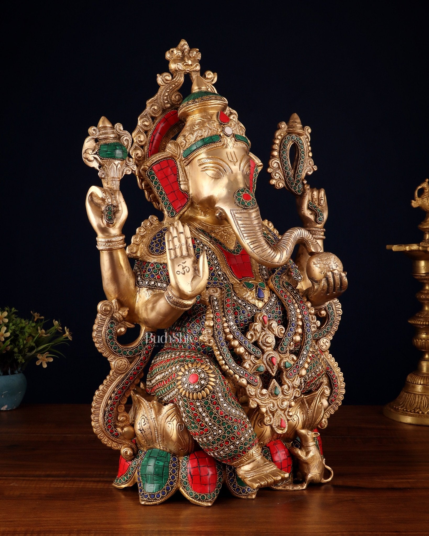 Brass Lord Ganesha large idol 21" with Stonework - Budhshiv.com
