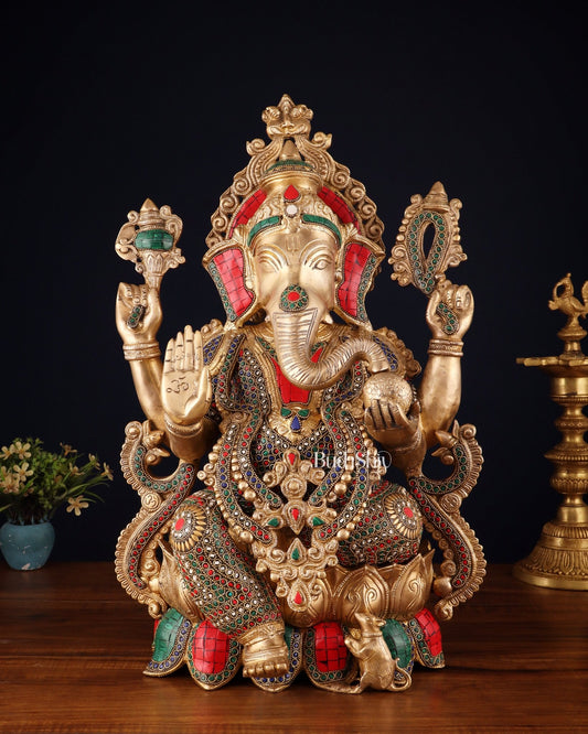 Brass Lord Ganesha large idol 21" with Stonework - Budhshiv.com