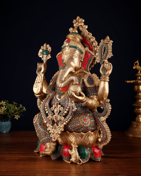 Brass Lord Ganesha large idol 21" with Stonework - Budhshiv.com