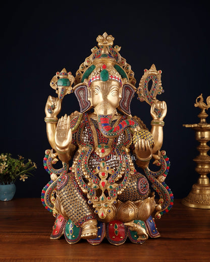 Brass Lord Ganesha large idol 21" with unique meenakari - Budhshiv.com