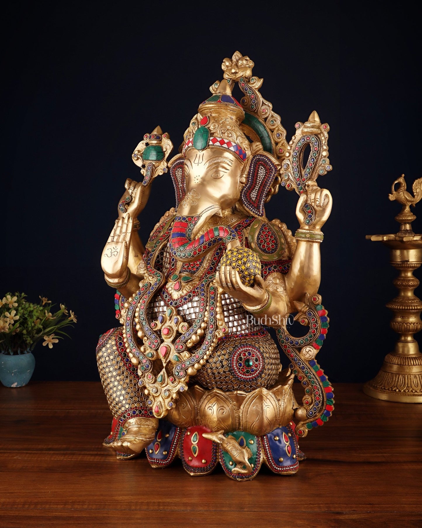 Brass Lord Ganesha large idol 21" with unique meenakari - Budhshiv.com