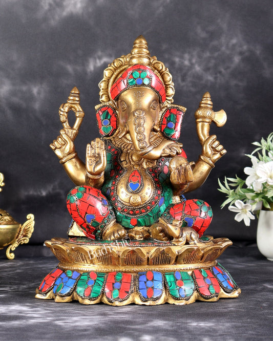 Brass Lord Ganesha on Lotus Idol - 12 Inch - Budhshiv.com