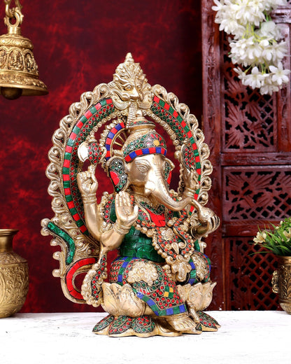 Brass Lord Ganesha on lotus throne with Prabhavali and stonework 15 inch - Budhshiv.com