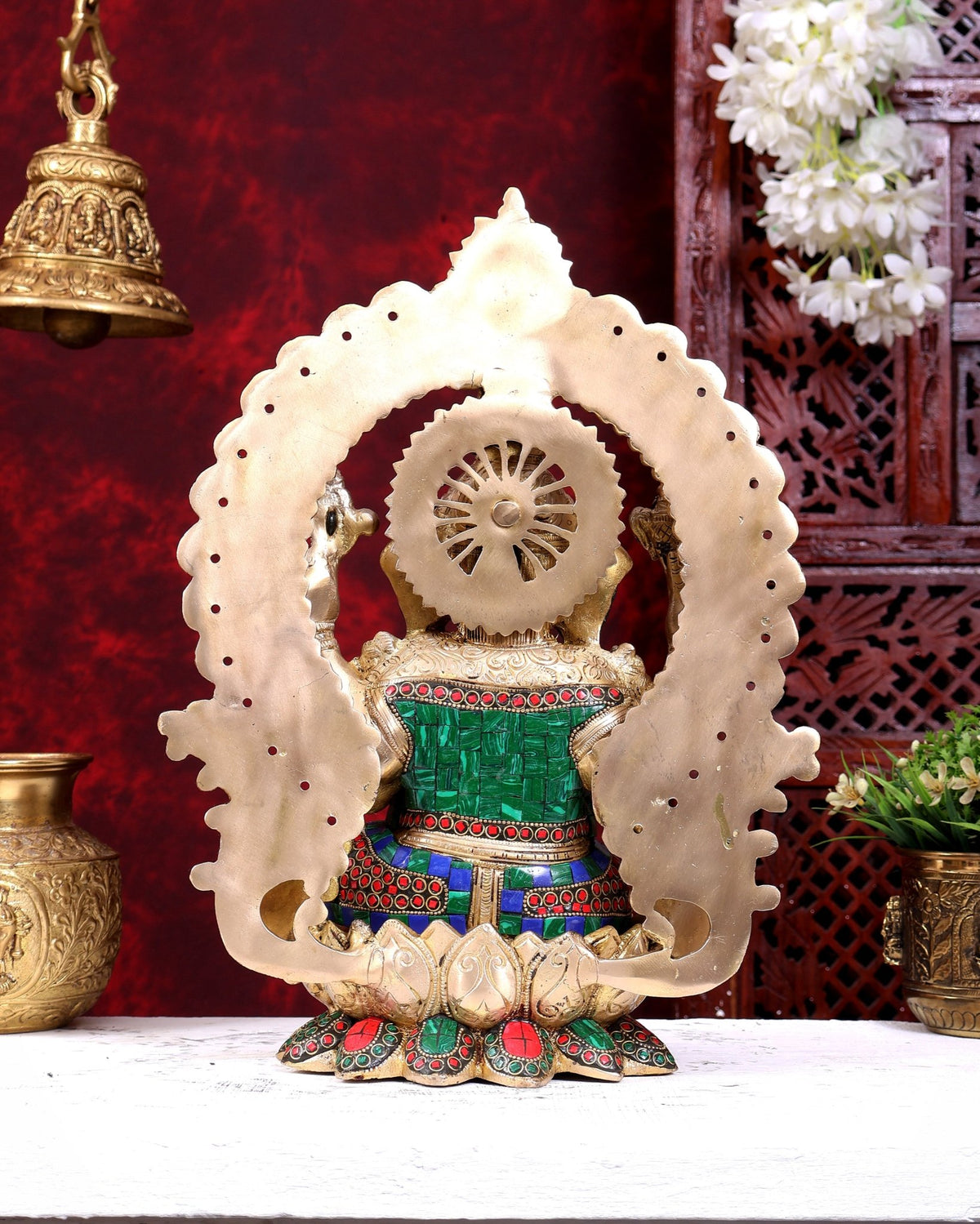 Brass Lord Ganesha on lotus throne with Prabhavali and stonework 15 inch - Budhshiv.com