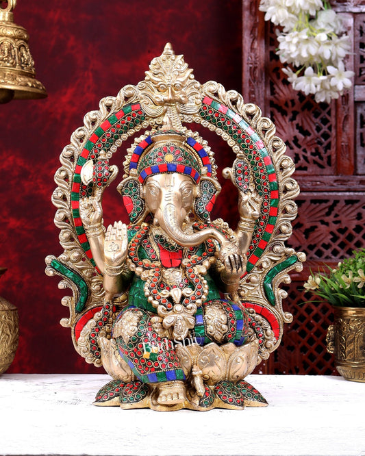 Brass Lord Ganesha on lotus throne with Prabhavali and stonework 15 inch - Budhshiv.com