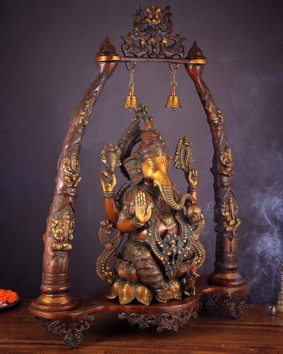 Brass Lord Ganesha Sculpture with Engraved temple Pillars - 35 Inch - Budhshiv.com