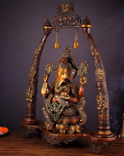 Brass Lord Ganesha Sculpture with Engraved temple Pillars - 35 Inch - Budhshiv.com