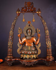 Brass Lord Ganesha Sculpture with Engraved temple Pillars - 35 Inch - Budhshiv.com