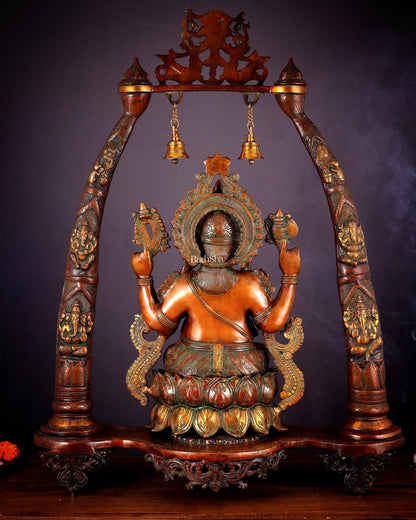 Brass Lord Ganesha Sculpture with Engraved temple Pillars - 35 Inch - Budhshiv.com