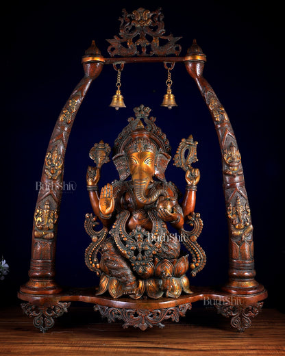 Brass Lord Ganesha Sculpture with Engraved temple Pillars - 35 Inch - Budhshiv.com