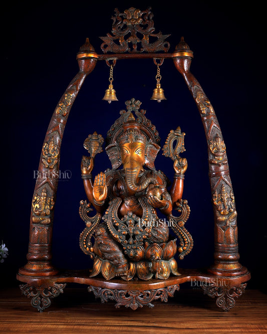 Brass Lord Ganesha Sculpture with Engraved temple Pillars - 35 Inch - Budhshiv.com