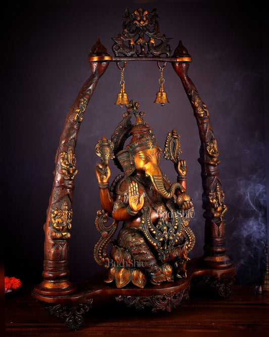 Brass Lord Ganesha Sculpture with Engraved temple Pillars - 35 Inch - Budhshiv.com