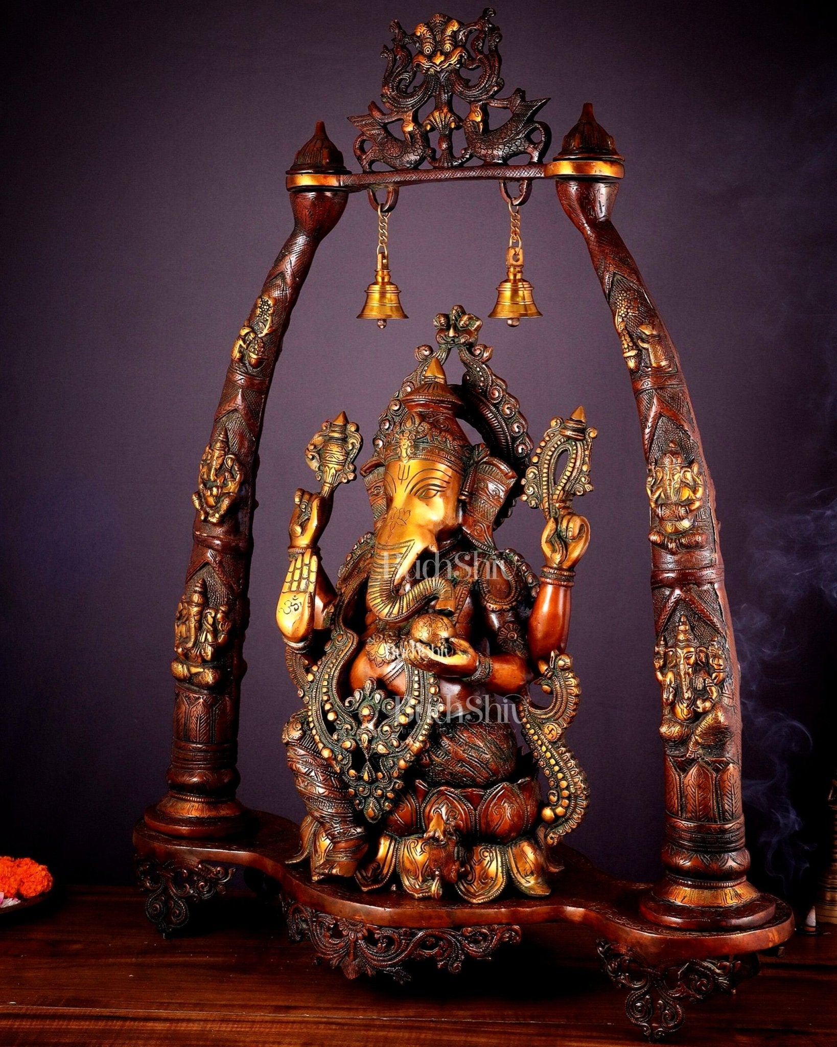 Brass Lord Ganesha Sculpture with Engraved temple Pillars - 35 Inch - Budhshiv.com