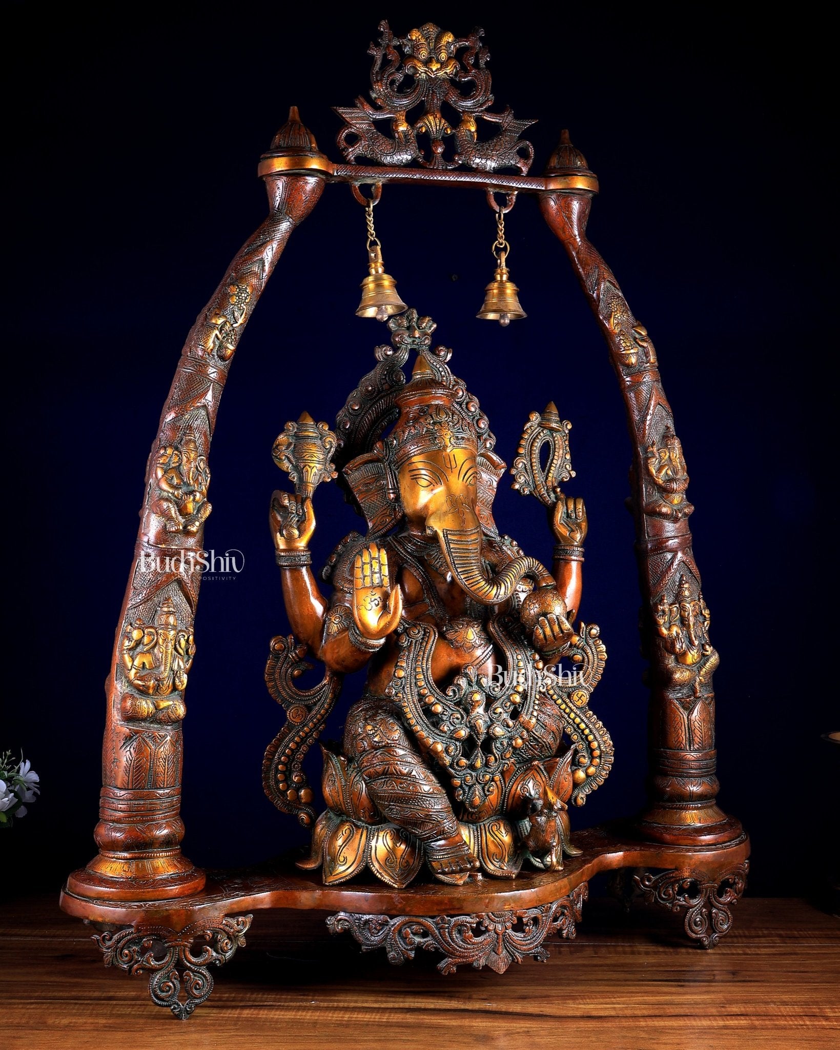Brass Lord Ganesha Sculpture with Engraved temple Pillars - 35 Inch - Budhshiv.com
