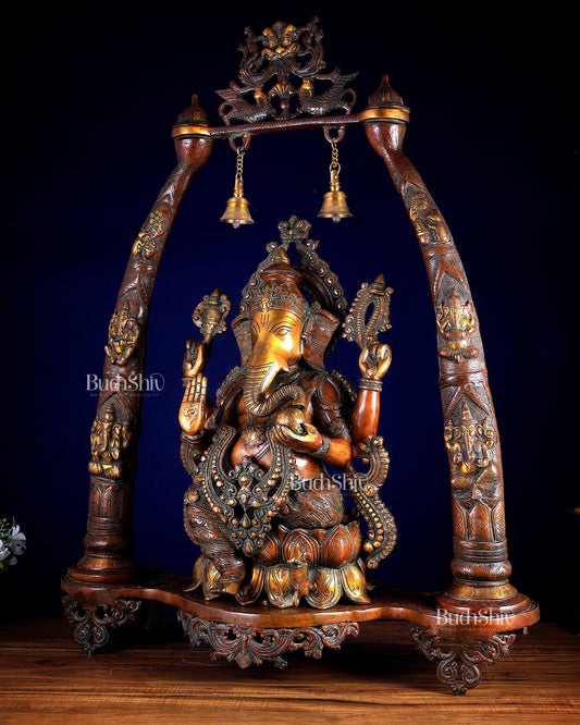 Brass Lord Ganesha Sculpture with Engraved temple Pillars - 35 Inch - Budhshiv.com