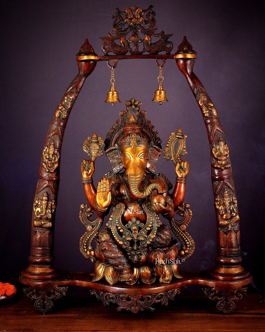 Brass Lord Ganesha Sculpture with Engraved temple Pillars - 35 Inch - Budhshiv.com
